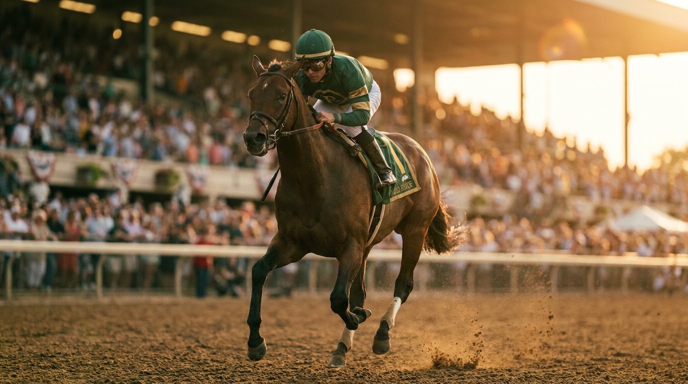 Thoroughbred and jockey at full stride down the stretch, grandstand crowd behind