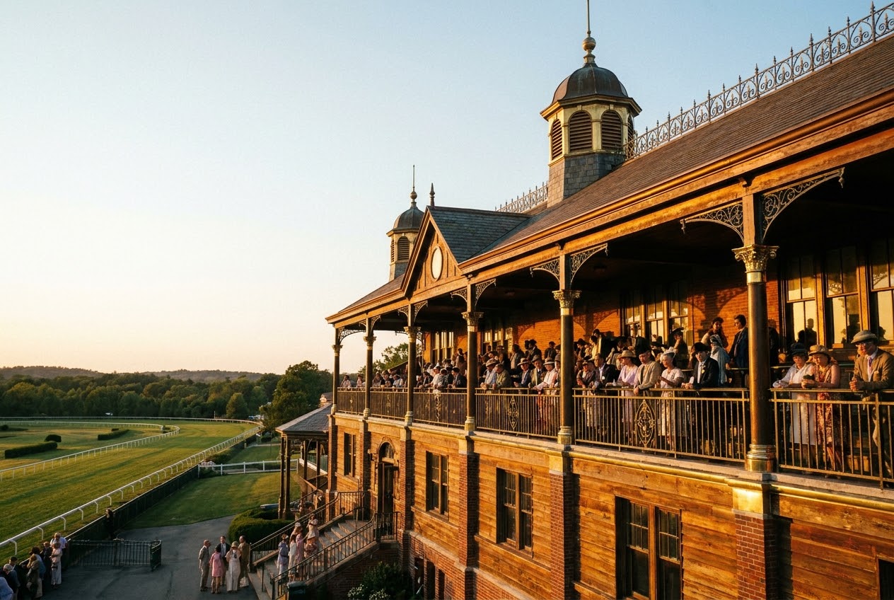 Historic racetrack grandstand at golden hour, the venue our racing program is built around