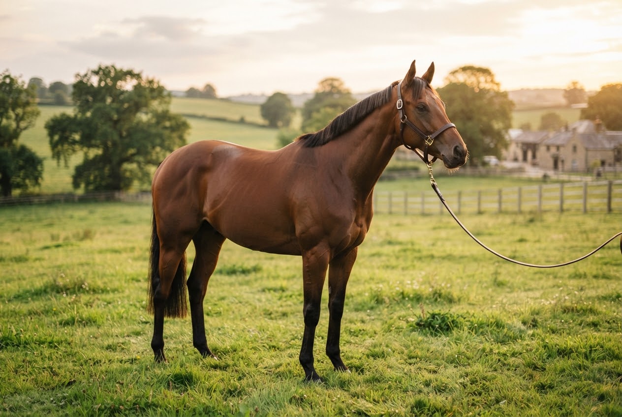 Champion racehorse at golden hour, the animal at the center of the equine insurance program